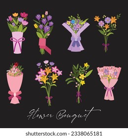 Flower bouquet. Bunch of plants in vase and glass bottle collection, cartoon blooming peony and colorful meadow greenery, decorative foliage. Vector isolated garden flowers botanical decoration set