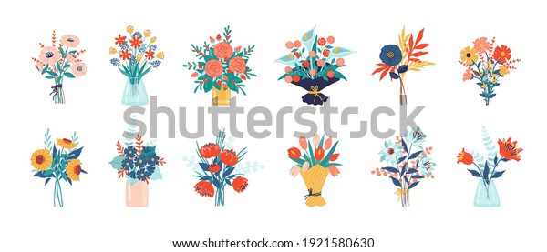 Flower bouquet. Bunch of plants in vase and glass
bottle collection, cartoon blooming peony and colorful meadow
greenery, decorative foliage. Vector isolated garden flowers
botanical decoration
set