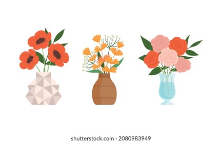 Flower Bouquet and Bunch Rested in Ceramic Vase as Home Interior Decor Vector Set