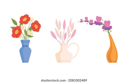 Flower Bouquet and Bunch Rested in Ceramic Vase as Home Interior Decor Vector Set