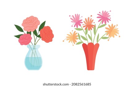Flower Bouquet and Bunch Rested in Ceramic Vase as Home Interior Decor Vector Set