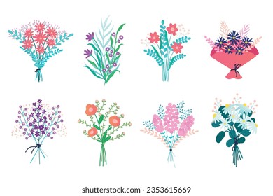 Flower bouquet. Cartoon bunch of floral decorative elements, blooming plants with leaves and flowers for floral birthday card. Vector isolated set. Romantic botanical composition with wildflowers