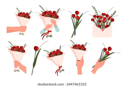 Flower bouquet. Cartoon hands hold flowers. Blossoms bunch in arms. Colorful flowers set for invitation, greeting card, poster, frame, wedding, decoration. Beautiful bouquets. Floral compositions