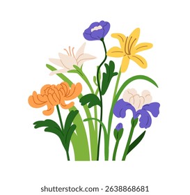 Flower bouquet with chrysanthemum, lily, iris, spring blooms. Floral mix with garden blossoms, leaves, stems. Natural botanical decoration. Flat vector illustration isolated on white background