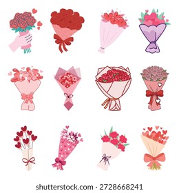 Flower bouquet collection. Vector hand holding wrapped floral bunches for Valentine's Day gift design isolated on white