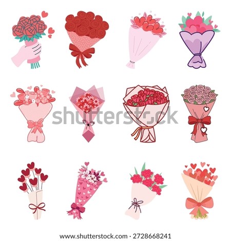 Flower bouquet collection. Vector hand holding wrapped floral bunches for Valentine's Day gift design isolated on white