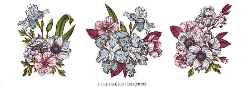 Flower bouquet of colored anemone, iris japonica, sakura