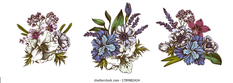 Flower bouquet of colored anemone, lavender, rosemary everlasting, phalaenopsis, lily, iris