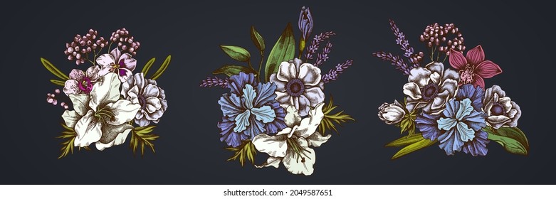 Flower bouquet of colored anemone, lavender, rosemary everlasting, phalaenopsis, lily, iris