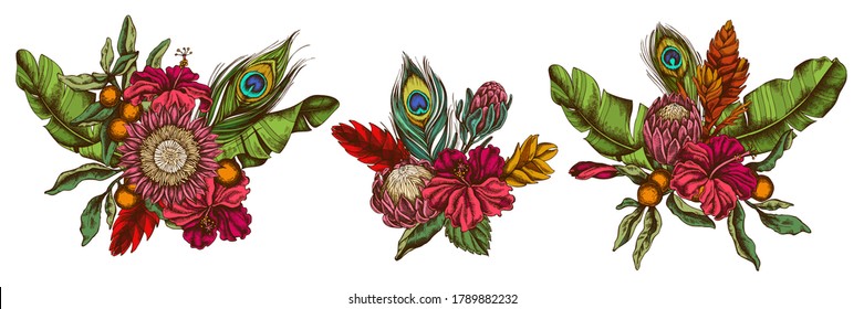 Flower bouquet of colored banana palm leaves, hibiscus, solanum, bromeliad, peacock feathers, protea