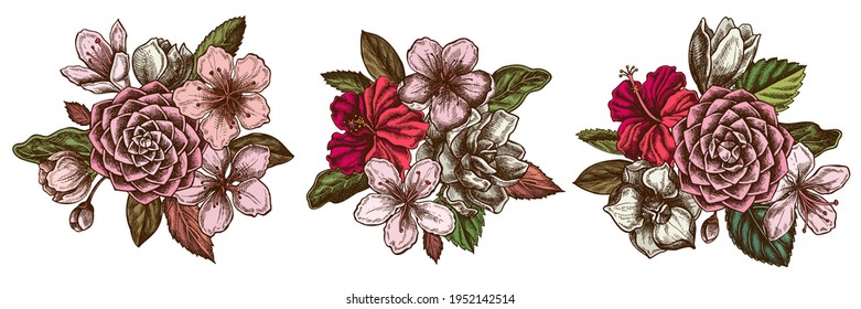 Flower bouquet of colored hibiscus, plum flowers, peach flowers, sakura flowers, magnolia flowers, camellia japonica