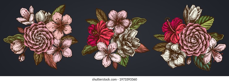 Flower bouquet of colored hibiscus, plum flowers, peach flowers, sakura flowers, magnolia flowers, camellia japonica