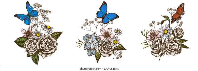 Flower bouquet of colored iris japonica, gypsophila, chamomile, almond, menelaus blue morpho, blue morpho, red lacewing, roses