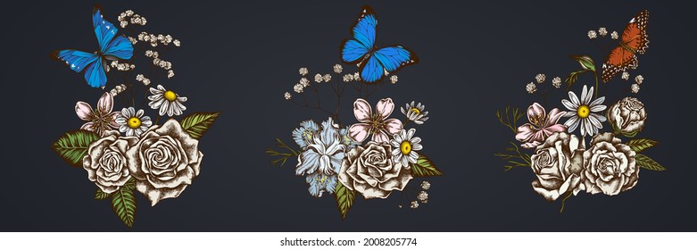 Flower bouquet of colored iris japonica, gypsophila, chamomile, almond, menelaus blue morpho, blue morpho, red lacewing, roses