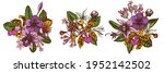 Flower bouquet of colored laelia, feijoa flowers, glory bush, papilio torquatus, cinchona, cattleya aclandiae