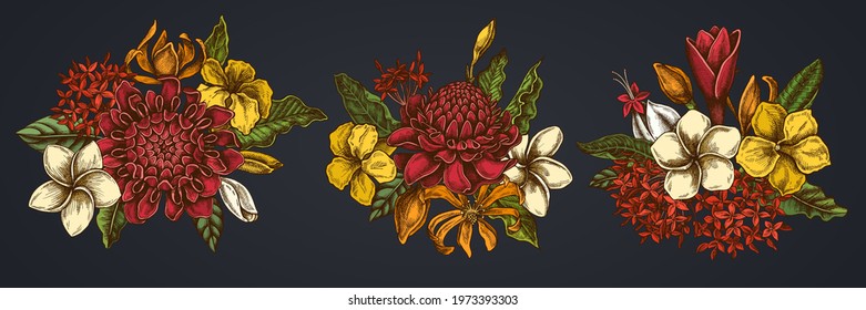 Flower bouquet of colored plumeria, allamanda, clerodendrum, champak, etlingera, ixora