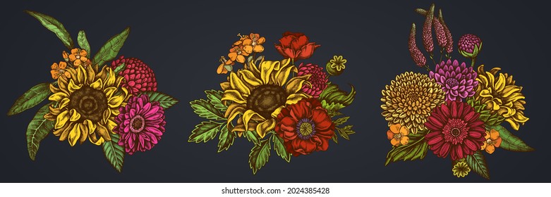 Flower bouquet of colored poppy flower, gerbera, sunflower, milkweed, dahlia, veronica