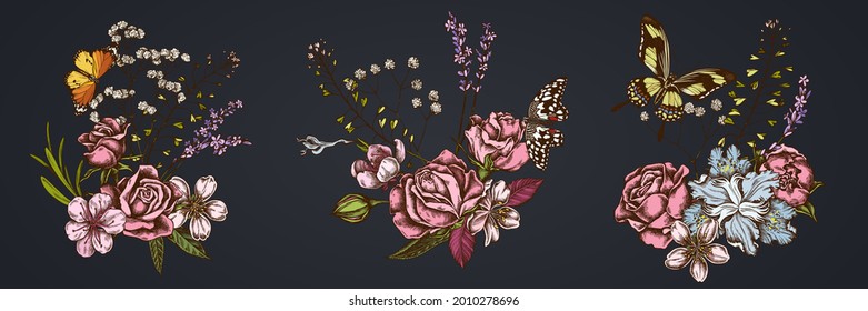 Flower bouquet of colored shepherd s purse, heather, iris japonica, sakura, gypsophila, almond, lemon butterfly, plain tiger, papilio torquatus, roses