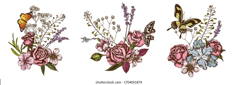 Flower bouquet of colored shepherd's purse, heather, iris japonica, sakura, gypsophila, almond, lemon butterfly, plain tiger, papilio torquatus, roses