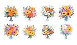 Fleurs Bouquet Colorées, Fleurs D'été Ensemble Pour Invitation, Carte De Voeux, Affiche, Cadre, Mariage, Décoration