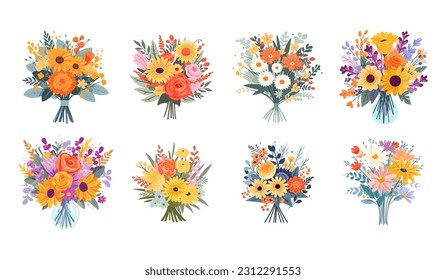 Flower bouquet colorful summer flowers set for invitation, greeting card, poster, frame, wedding, decoration