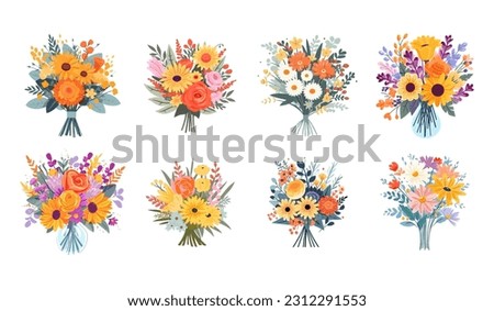 Flower bouquet colorful summer flowers set for invitation, greeting card, poster, frame, wedding, decoration