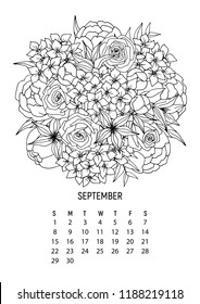 Flower bouquet - coloring calendar page 9 from 12 - september 2019. Flower calendar for year 2019. This wall calendar can be printed and colored. Vector coloring book page for adult – Flower bouquet.