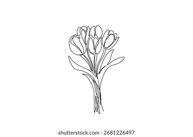 Buquê de flores em desenho contínuo de uma linha. Ilustração de arte de linha única de buquê de flores de tulipas. Vetor editável.