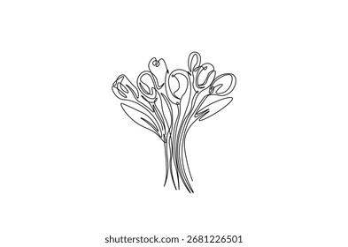 Flower bouquet in continuous one line drawing. Single line art illustration of tulips flower bouquet. Editable vector.