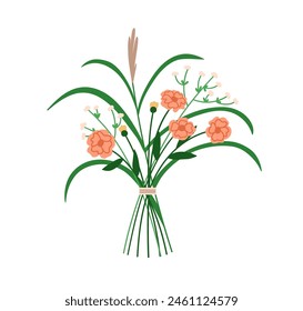 Blumenstrauß. Zarte Feldblütenanordnung. Sanfte Wiesenblüten, Wildblumen vermischen sich mit Schnur. Romantischer Frühlingsblumenstrauß. Flache Vektorillustration isoliert auf weißem Hintergrund