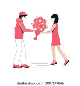 Flower bouquet delivery. Courier giving roses to girl. Flower service. Flat cartoon style.