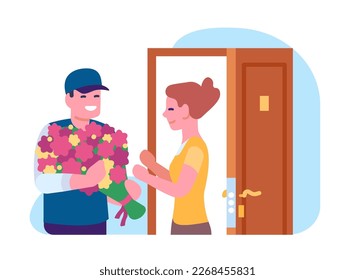 Flower bouquet delivery. Courier hands blossoms to woman. Floral shipment service. Romantic gift. Order shipping. Deliveryman with blooms bunch. Female on home doorstep