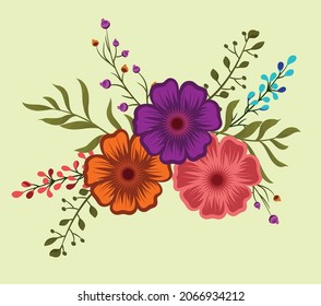 Diseño de ramo de flores y fondo. Disposiciones vectoriales para el diseño de tarjetas de felicitación o invitaciones. Conjunto de ramas florales, hojas verdes. El concepto de boda colorida con flores. Afiche floral, invitación. 

