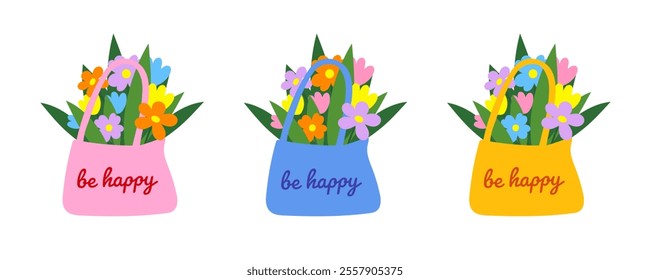 Flower bouquet design in a bag. The design combines botanical elements with abstract floral shapes. Vector illustration.