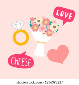 Flower bouquet and diamond ring wedding photo booth props vector