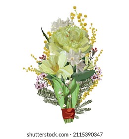 Flower Bouquet floral bunch, design object, element. Tulips, daffodils, peony, mimosa flowers, rustic floral elegant wedding card. All elements editable.