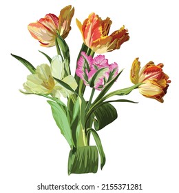 Flower Bouquet floral bunch, design object, element. Orange, pink, yellow Tulips flowers, rustic floral elegant wedding card. All elements editable.