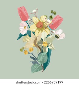 Flower Bouquet floral bunch, design object, element. Tulips, daffodils flowers, rustic floral elegant wedding card. All elements editable.