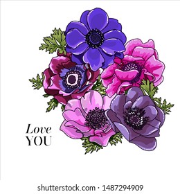 Flower Bouquet floral bunch, vector boho hand drawn design object, element. bright violet, purple and pink Anemone, Poppy flowers rustic floral elegant wedding card. All elements editable.