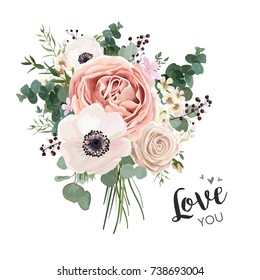 Flower Bouquet floral bunch, vector boho design object, element. Peach, creamy pale pink Anemone Poppy Rose flowers, berry Eucalyptus herb mix rustic floral elegant wedding card. All elements editable