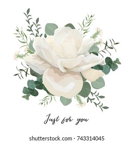 Flower Bouquet floral bunch, vector design object element. White, pale creamy Rose peony flower Eucalyptus greenery leaves thyme herb rice flower mix rustic elegant wedding card. All elements editable