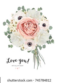 Flower Bouquet floral bunch, vector card design with bouquet of Peach, pale pink Anemone white garden Rose flowers, wax Eucalyptus branch greenery. Rustic elegant wedding invite. All elements editable