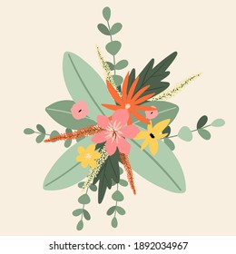 Flower bouquet. Floral frame. Flourish greeting card. Blooming flowers isolated on beige background