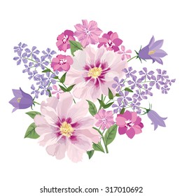 Flower bouquet. Floral frame. Flourish greeting card. Blooming flowers isolated on white background