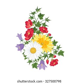 Flower bouquet. Floral frame. Flourish greeting card. Blooming flowers isolated on white background