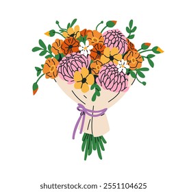 Ramo de flores, regalo floral. Brotes y hojas florecientes, manojo envuelto en papel. Decoración festiva, flores románticas modernas mezclan Paquete. Ilustración vectorial plana coloreada aislada sobre fondo blanco