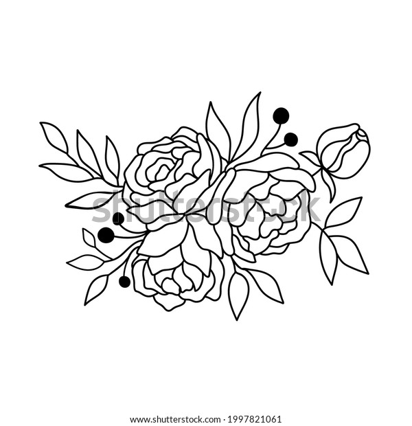 Flower\
bouquet with flowers and leaves in outline style. Vector peonies.\
Elegant bouquet isolated on white\
background