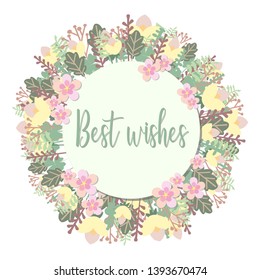 Flower Bouquet Frame Elements, vector design round frame. Pink, yellow and green flowers, leaves. Vector