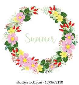 Flower Bouquet Frame Elements, vector design round frame. Pink, yellow, red and green flowers, leaves. Vector