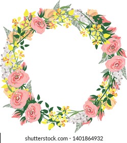 Flower Bouquet Frame Elements, vector design round frame. Pink rosa, yellow and green flowers, leaves. Vector